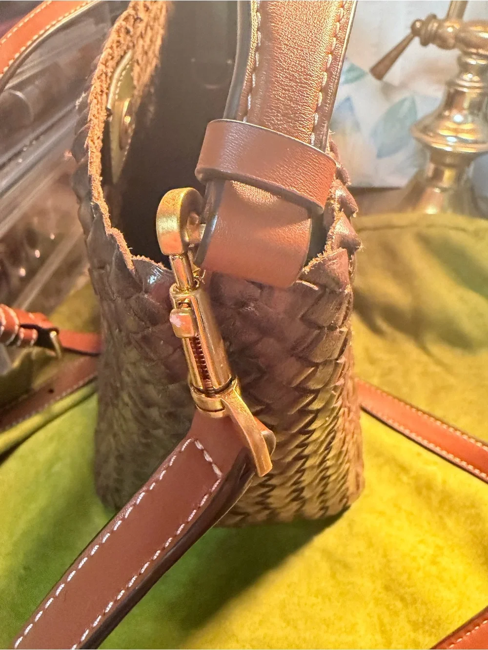 Tory Burch Brown trim Olive Woven Leather GOLD TONE BUCKET BAG